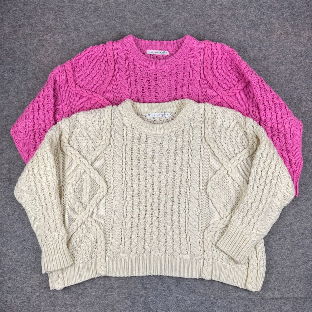 Altar'd State Cable Knit Sweater Boxy Chunky Bundle Cream & Pink Lot Womens XS